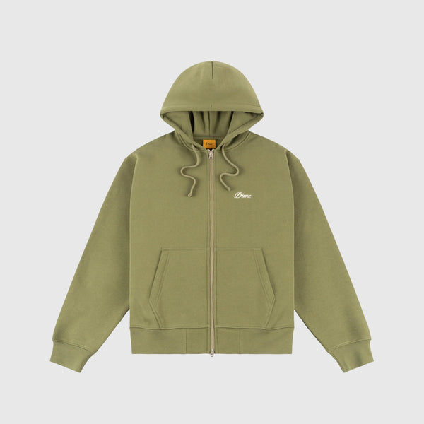 Dime Cursive Small Zip Hoodie - Army Green - Front