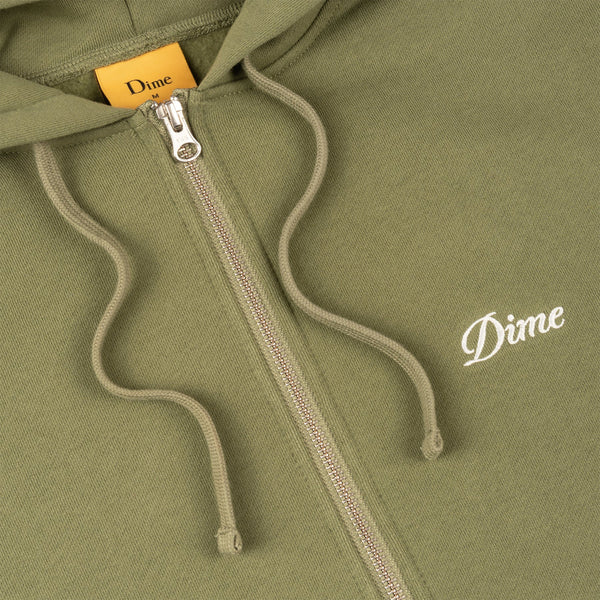 Dime Cursive Small Zip Hoodie - Army Green - Front Close Up