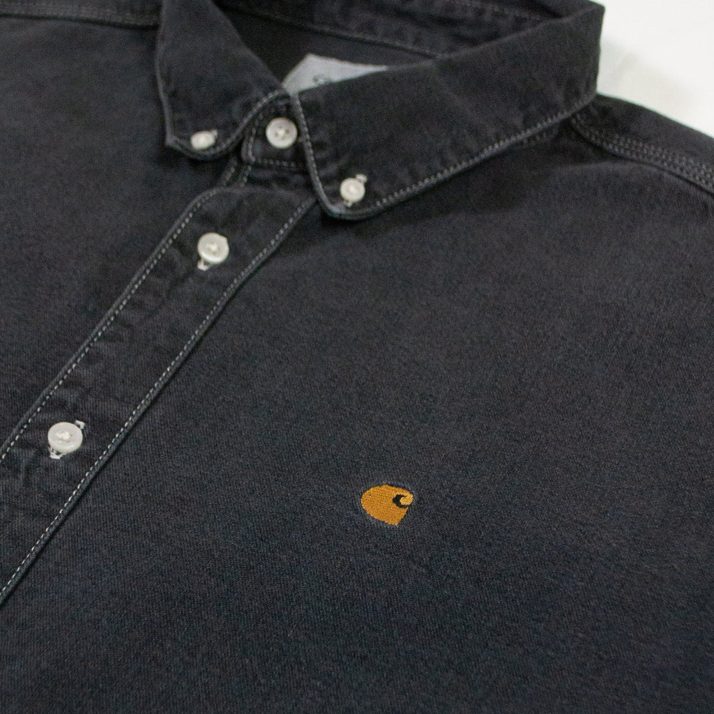 Carhartt WIP L/S Weldon Shirt - Black Heavy Stone Wash - Front Close Up