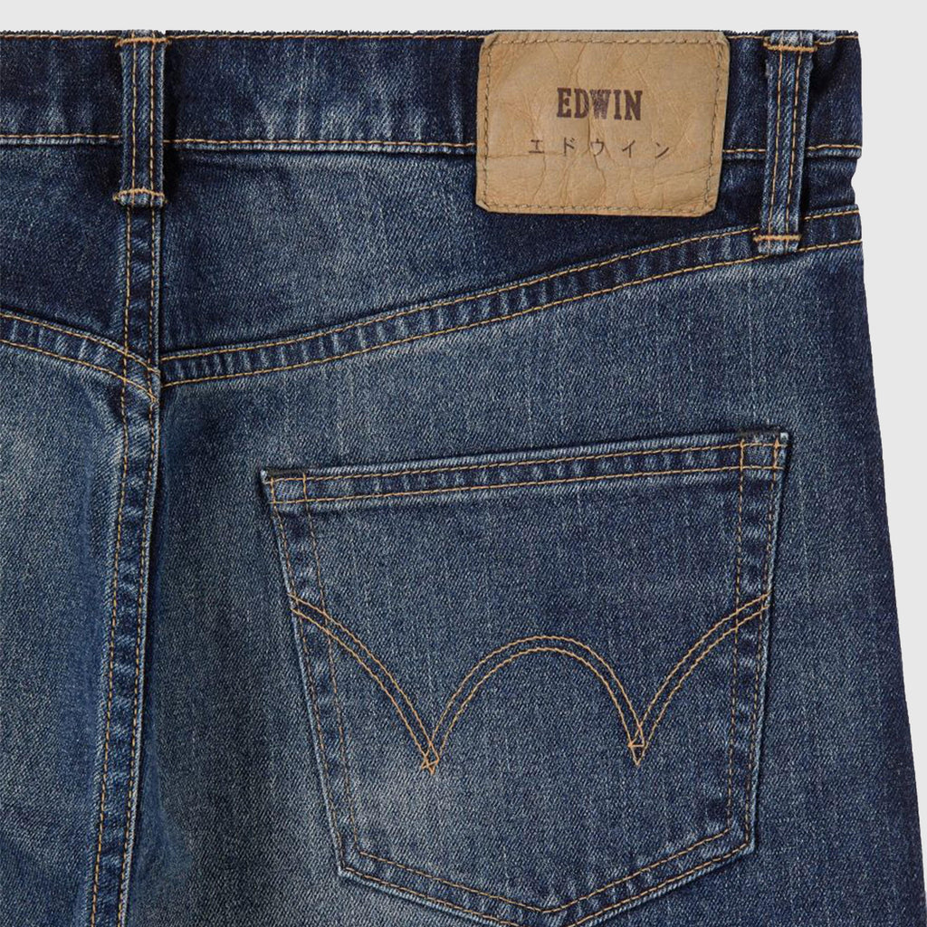 Edwin Regular Tapered Kaihara, Pure Indigo Stretch Denim - Blue Mid Dark Used - Close Up