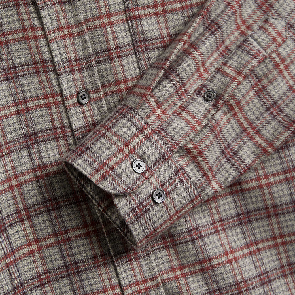 Portuguese Flannel Cedar Shirt - Grey / Bordeaux - Front Close Up