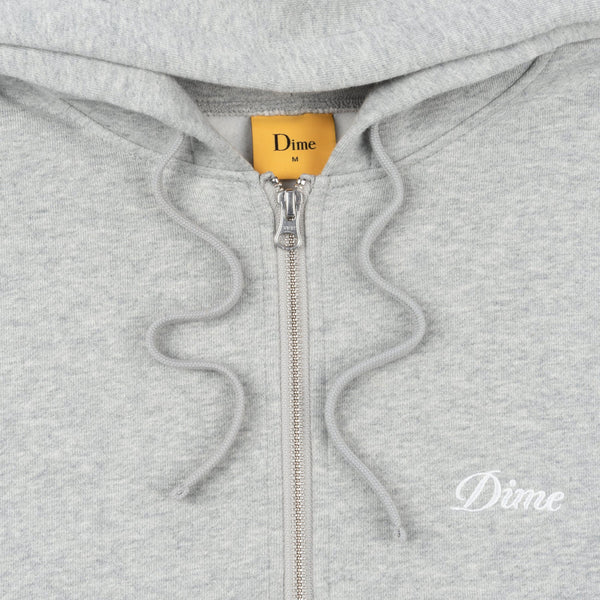 Dime Cursive Small Zip Hoodie - Grey Heather - Front Close Up