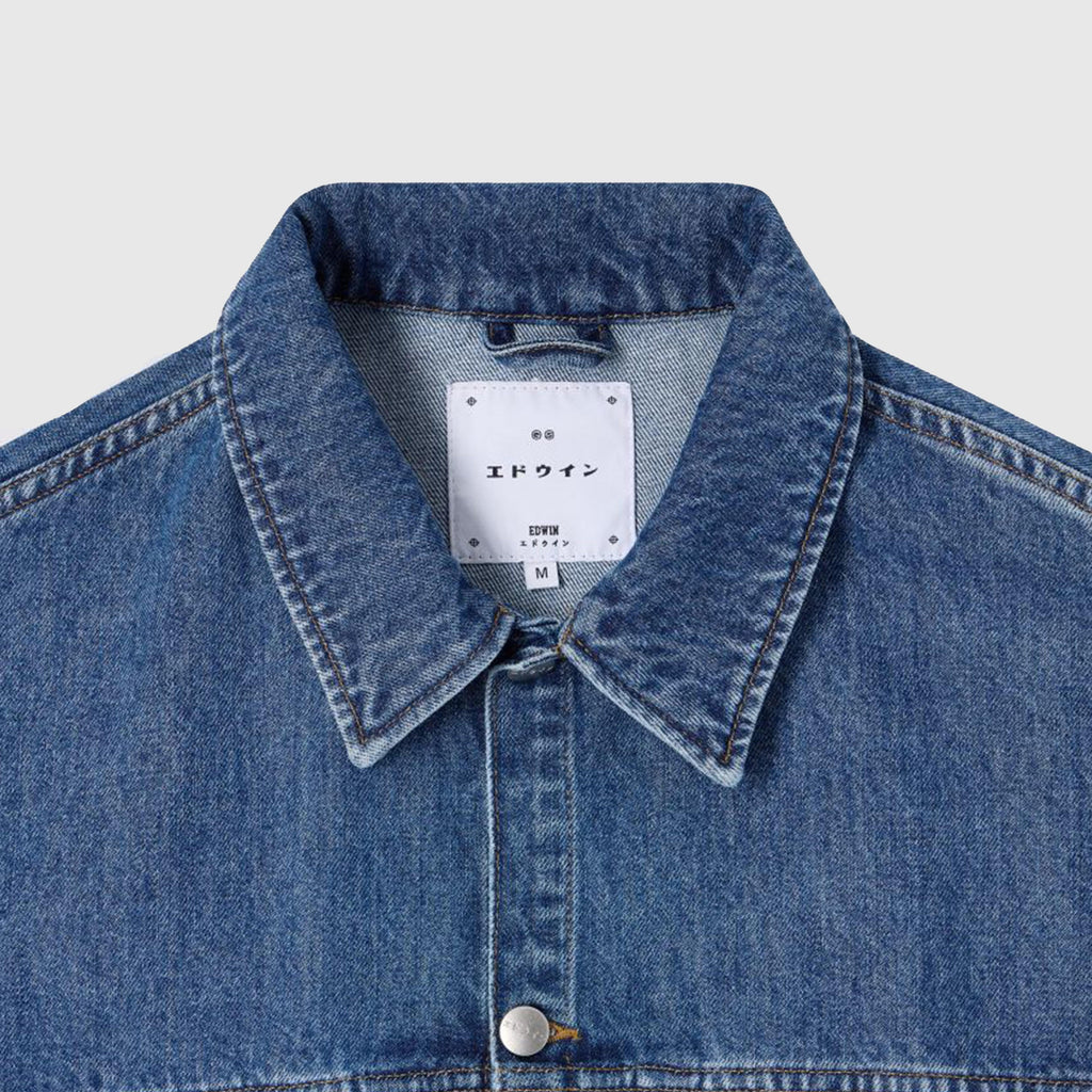 Edwin Freeland Jacket - Blue Mid Stone Wash - Front Close Up