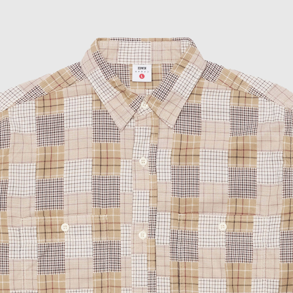 Edwin Work Shirt - Beige / Brown Garment Washed - Front Close Up