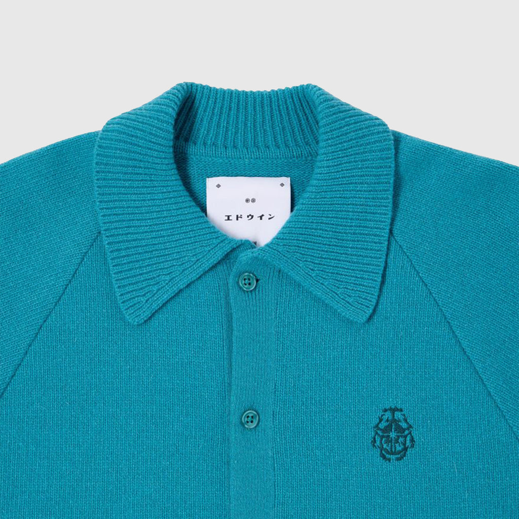 Edwin Mars Polo Cardigan - Baltic Garment Washed - Front Close Up