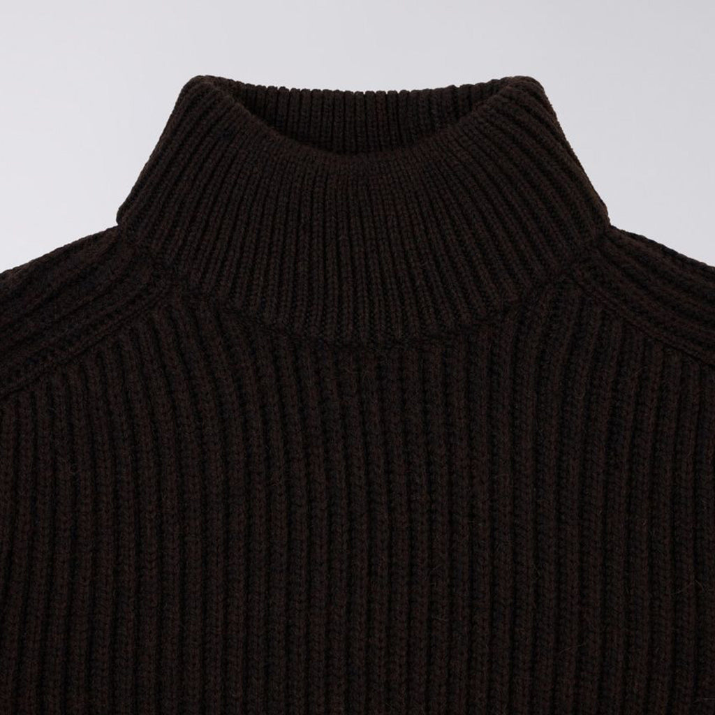 Edwin Roni High Collar Sweater Knit - Dark Brown Garment Washed - Front Close Up