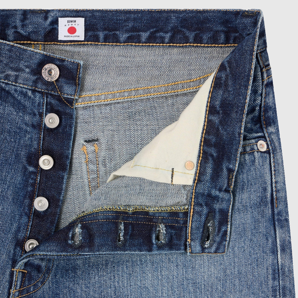 Edwin Loose Jeans - Blue Dark Used - Front Close Up