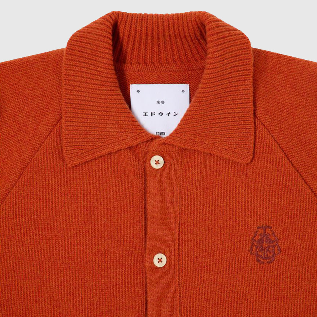 Edwin Mars Polo Cardigan - Orange Garment Washed - Front Close Up