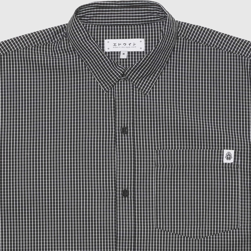 Edwin Millbury Shirt - Black / White Garment Washed - Front Close Up