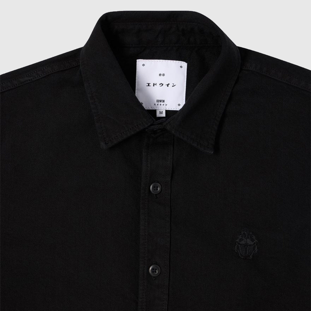 Edwin Sebastian Shirt - Black Garment Dyed - Front Close Up