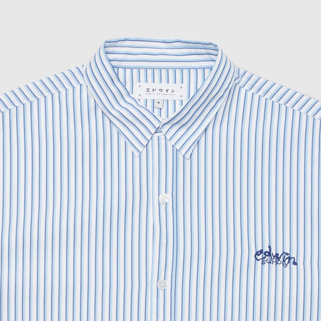 Edwin Toledo Shirt SS Stripes - White / Blue Garment Washed - Front Close Up