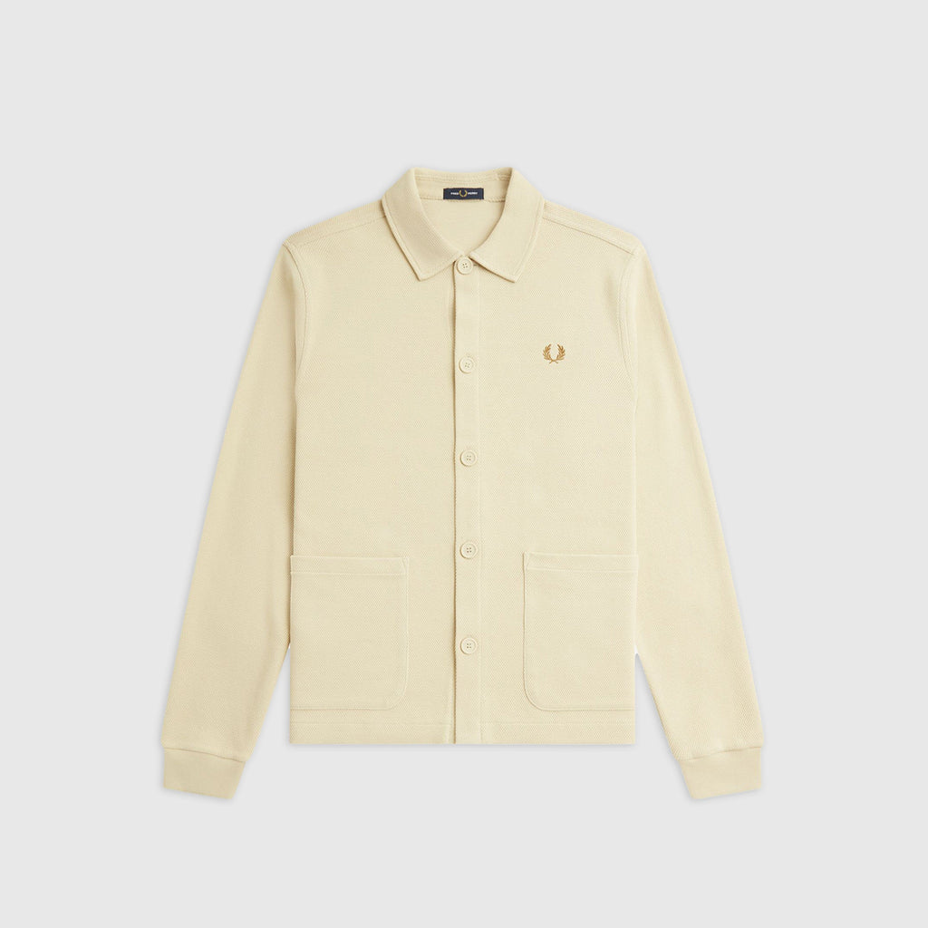 Fred Perry Button Through Long Sleeve Polo Shirt - Oatmeal - Front