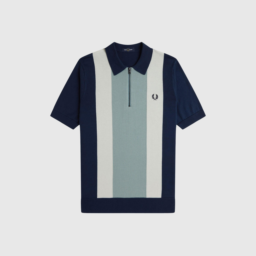 Fred Perry Vertical Stripe Zip Neck Shirt - Tennis Blue / Silver Blue / Ecru - Front