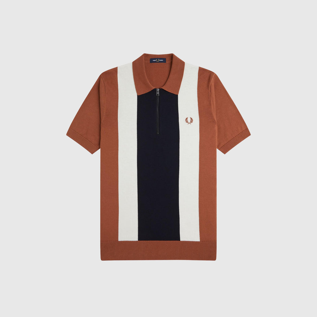 Fred Perry Vertical Stripe Zip Neck Shirt - Cinnamon / Navy / Light Ecru - Front