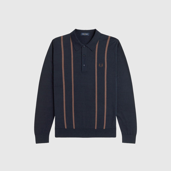 Fred Perry Vertical Stripe Knitted Shirt - Navy - Front