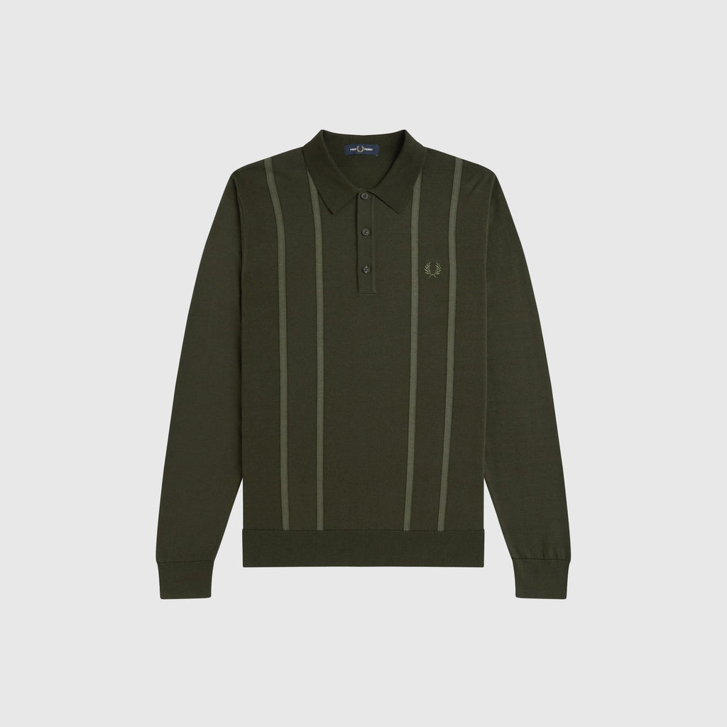 Fred Perry Vertical Stripe Knitted Shirt - Hunting Green - Front