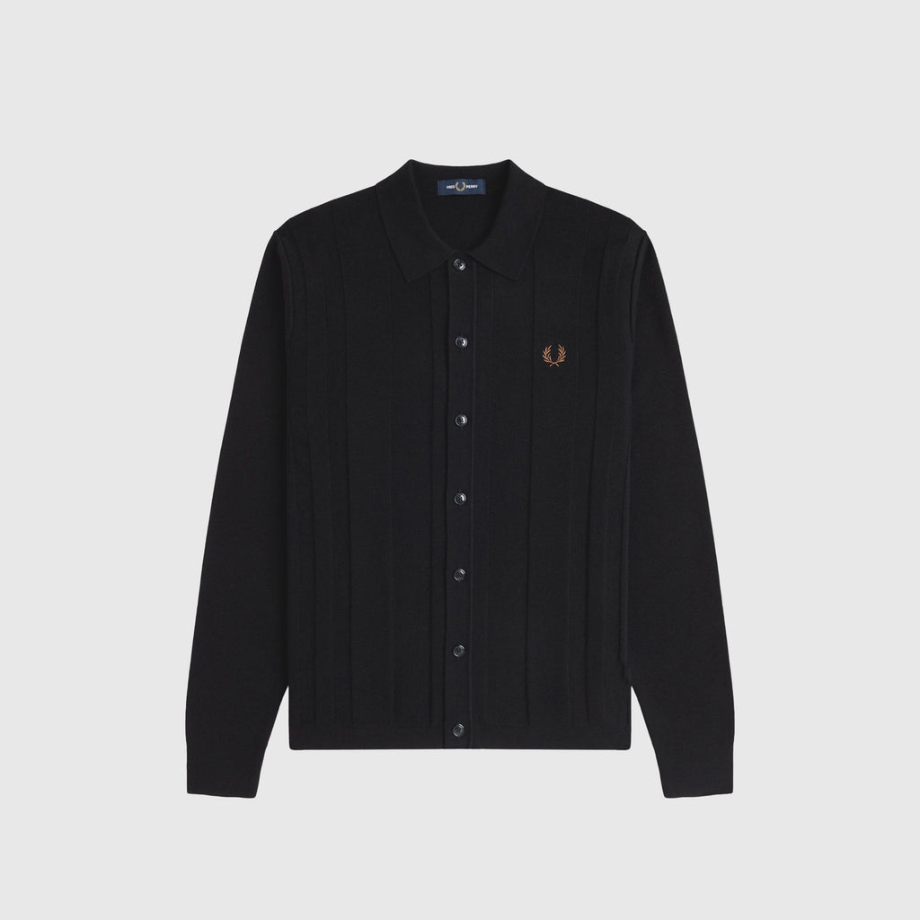 Fred Perry Button Through Knitted Shirt - Black - Front