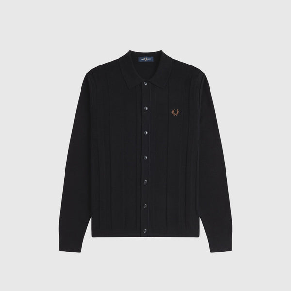 Fred Perry Button Through Knitted Shirt - Black - Front