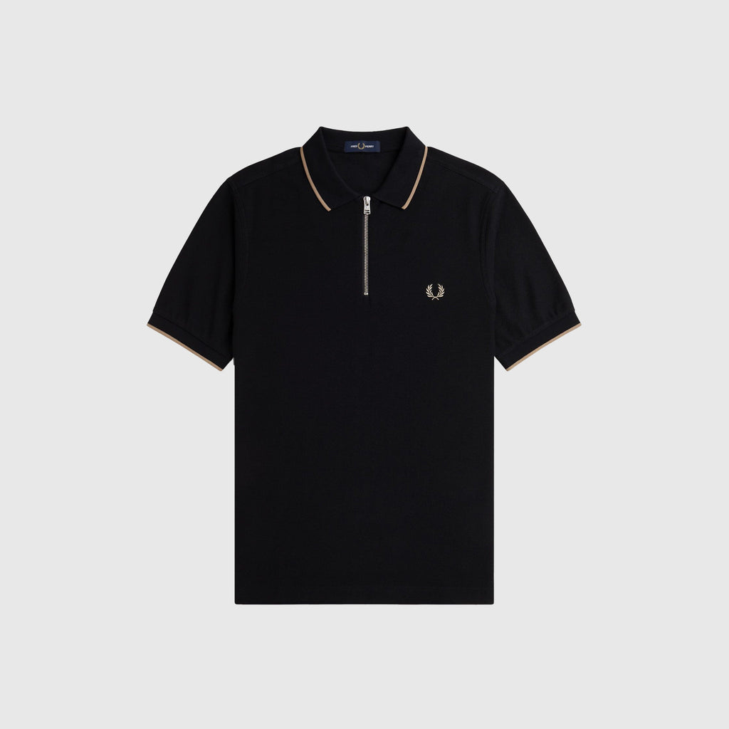 Fred Perry Crepe Pique Zip Neck Polo Shirt - Black - Front