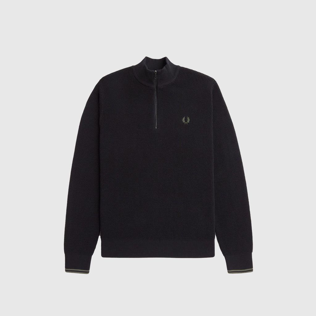 Fred Perry Waffle Stitch Half Zip Jumper - Black - Front