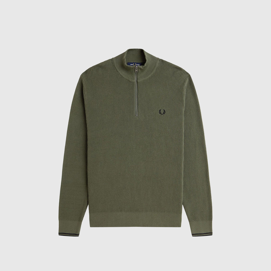 Fred Perry Waffle Stitch Half Zip Jumper - Laurel Wreath Green - Front