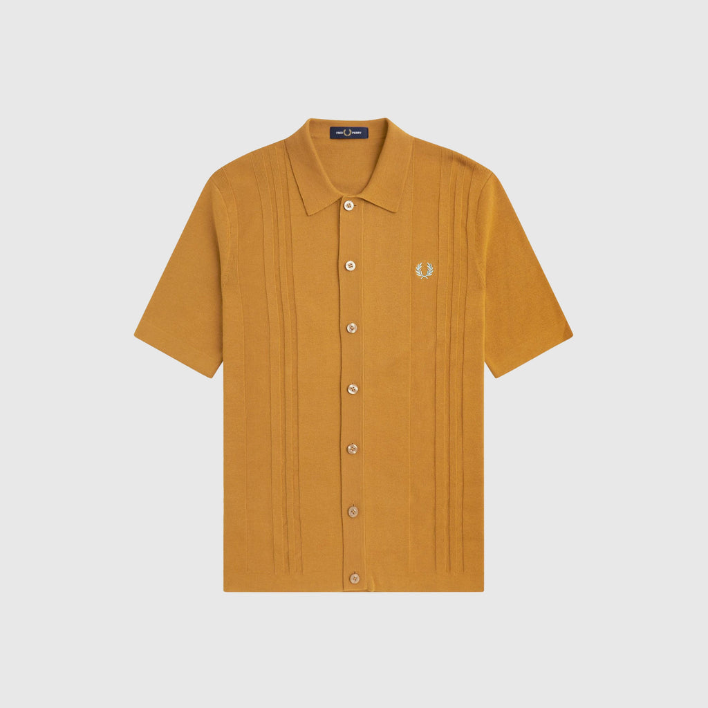 Fred Perry Button Through Knitted Shirt - Dark Caramel - Front
