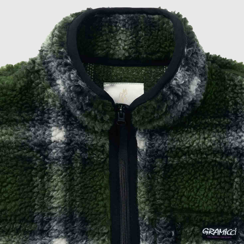 Gramicci Shadow Plaid Sherpa Jacket - Olive Shadow Plaid - Front Close Up