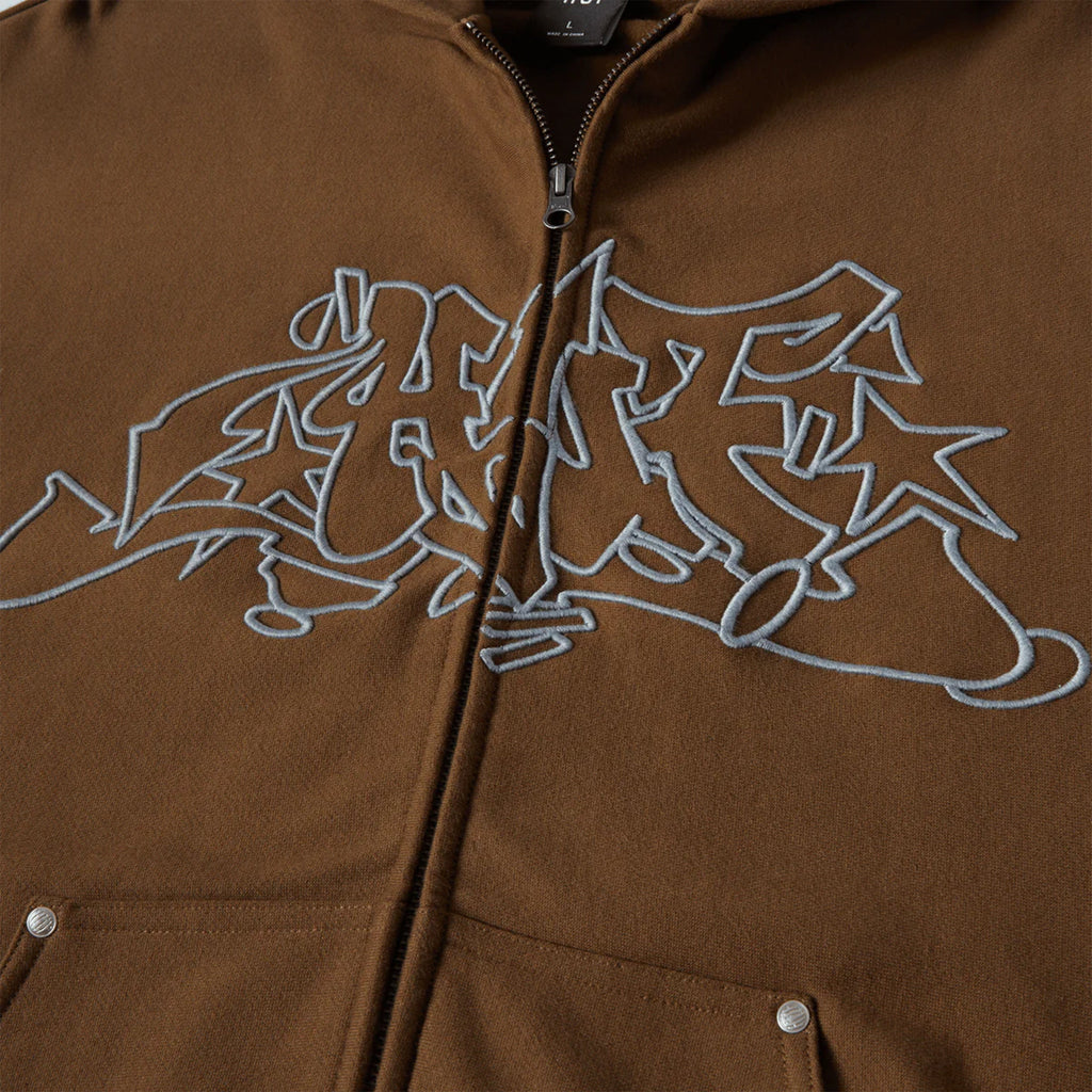 HUF Outlines Heavy Weight Full Zip Fleece - Brown - Front Close Up