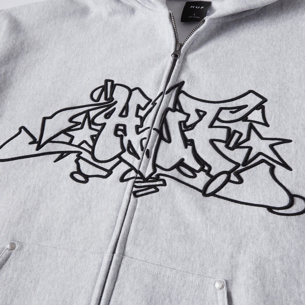 HUF Outlines Heavyweight Full Zip Fleece - Heather Grey - Front Close Up