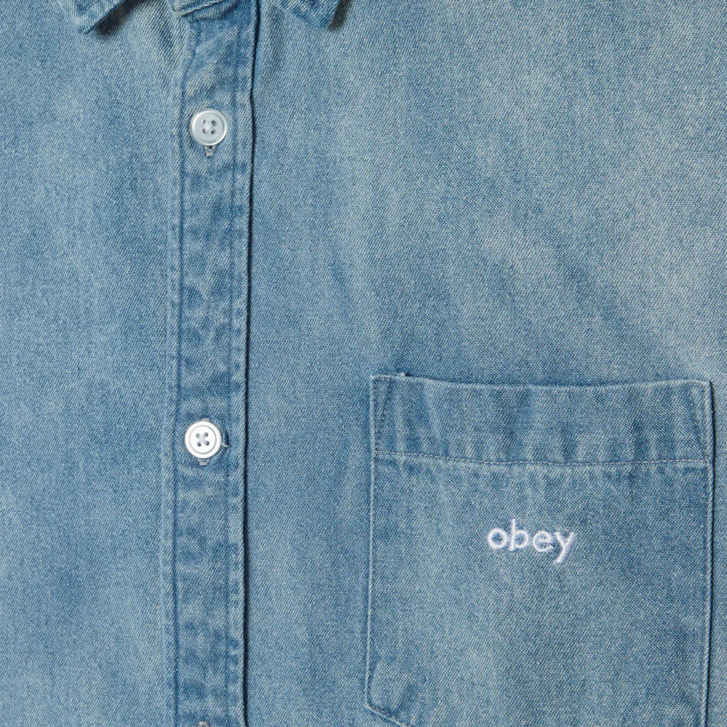 Obey Owens Denim Shirt - Bleached Indigo - Front Close Up