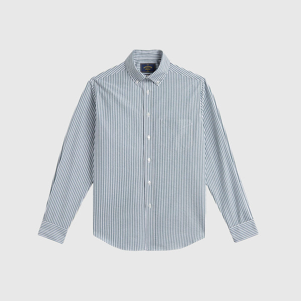 Portuguese Flannel Atlantico Seersucker Shirt - Green Stripe - Front