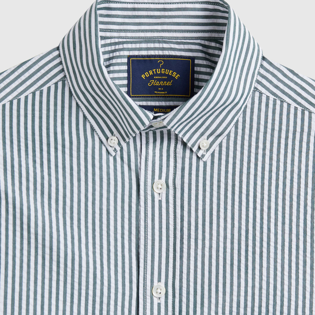 Portuguese Flannel Atlantico Seersucker Shirt - Green Stripe - Front Close Up