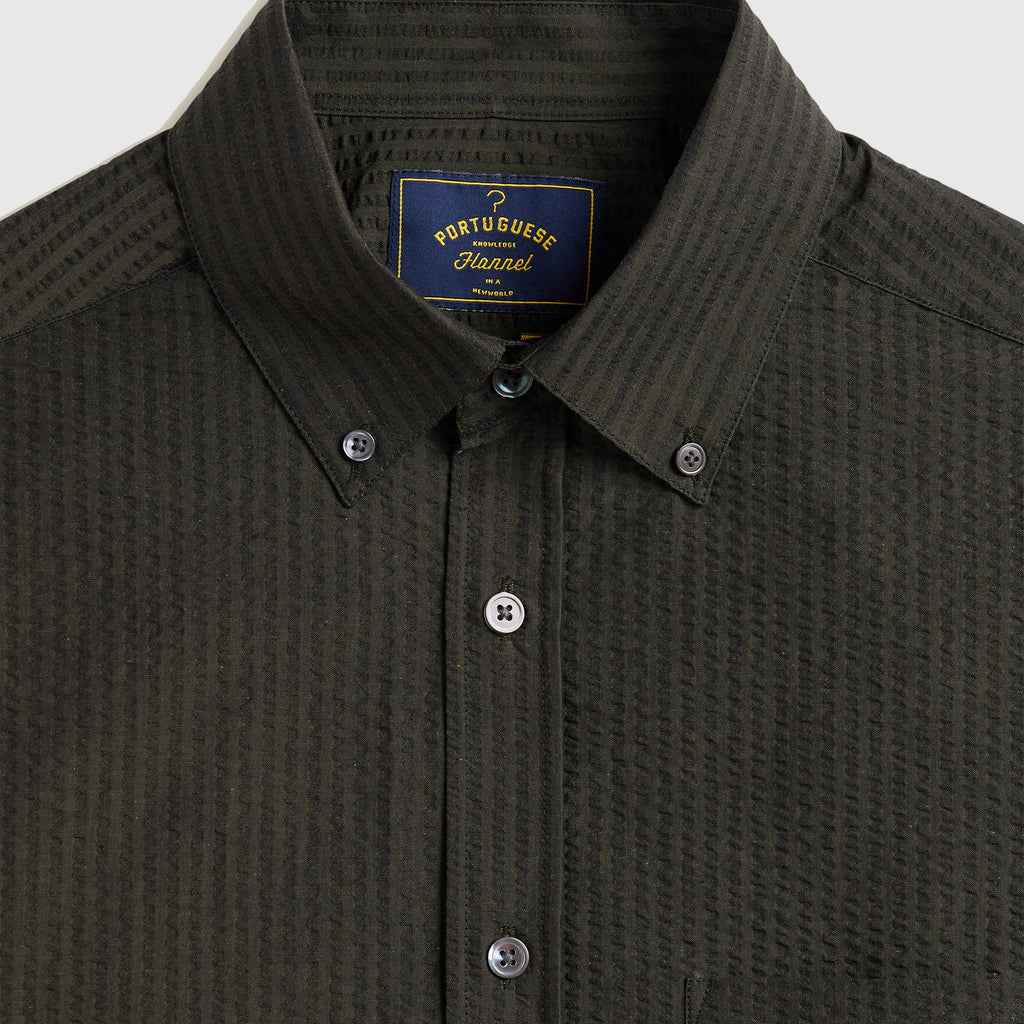 Portuguese Flannel Atlantico Seersucker Shirt - Olive - Front Close Up