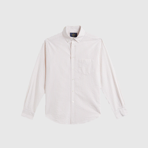 Portuguese Flannel Atlantico Seersucker Shirt - Sand Stripe - Front