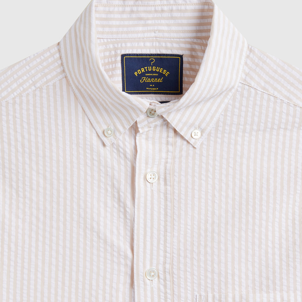 Portuguese Flannel Atlantico Seersucker Shirt - Sand Stripe - Front Close Up