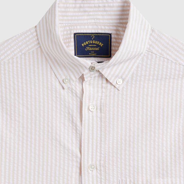Portuguese Flannel Atlantico Seersucker Shirt - Sand Stripe - Front Close Up