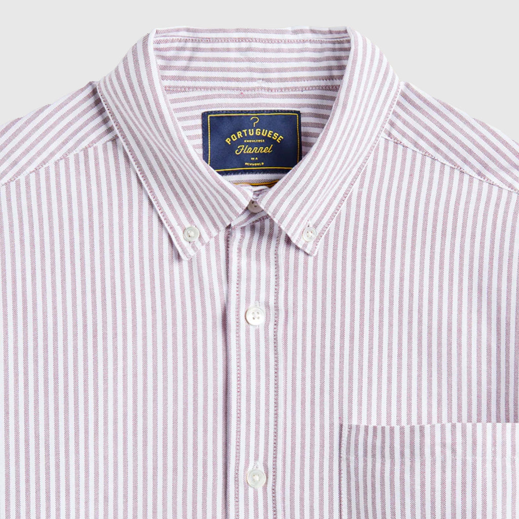 Portuguese Flannel Belavista Stripe Shirt - Bordeaux - Front Close Up
