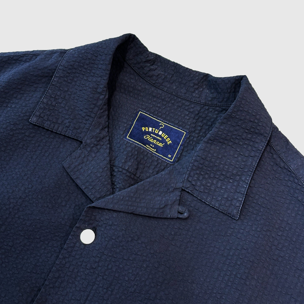 Portuguese Flannel Atlantico Camp Collar Shirt - Navy - Front Close Up