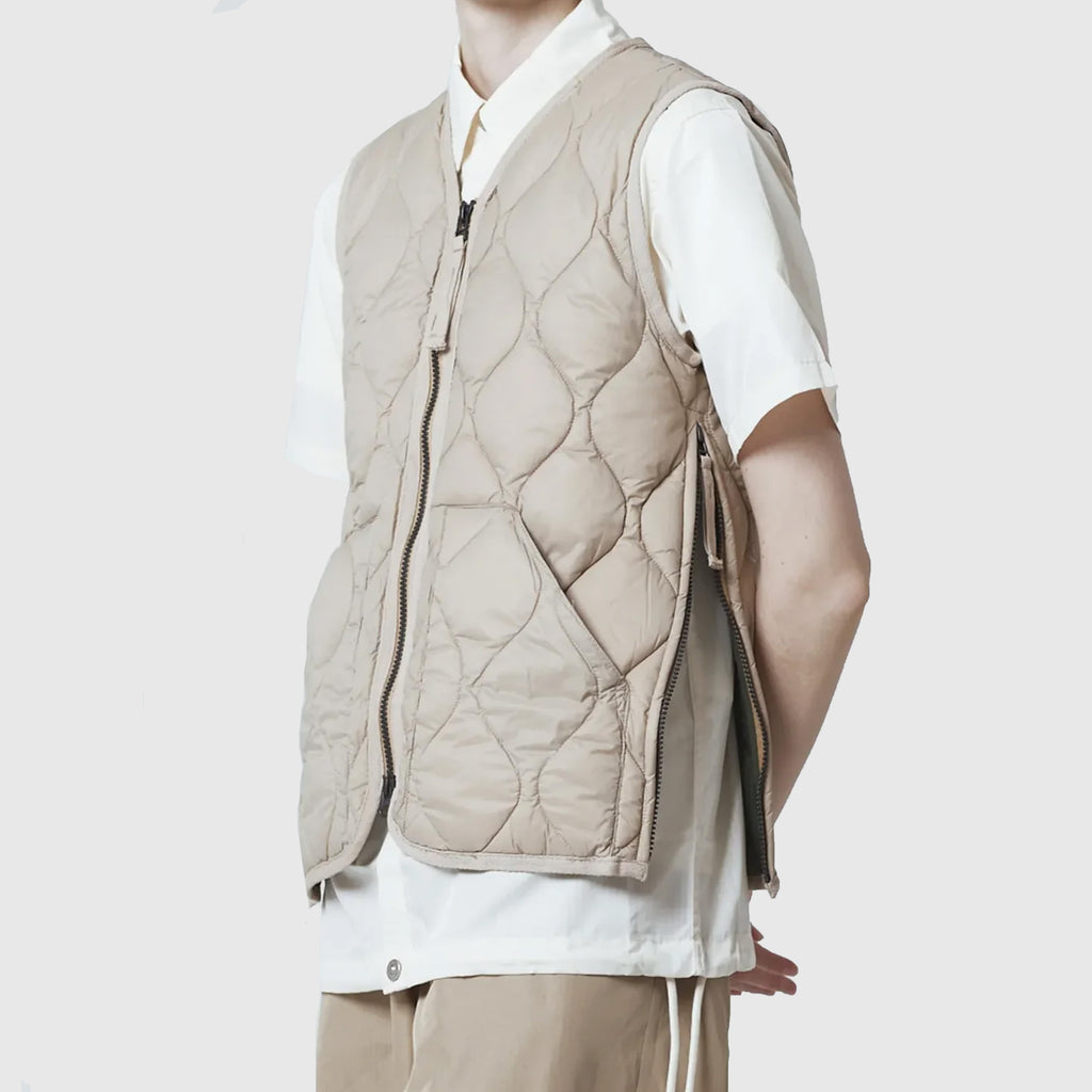 Taion Military V-Neck Zip Down Vest - Beige - Front On Shot