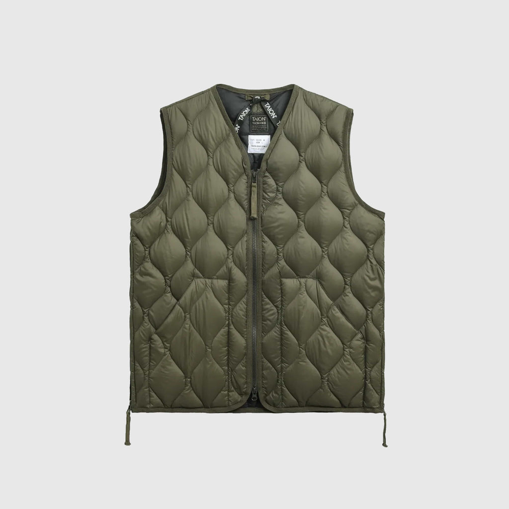 Taion Military V-Neck Zip Down Vest - Dark Olive - Front