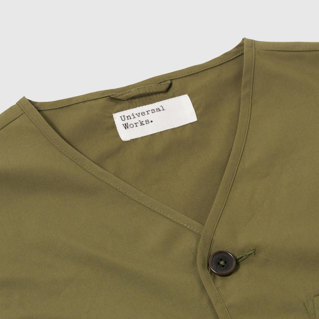 Universal Works City Waistcoat - Olive - Front Close Up
