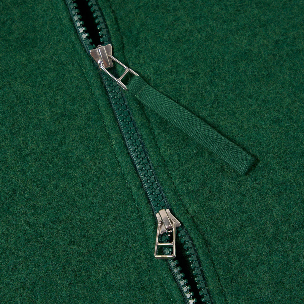 Universal Works Zip Waistcoat - Green - Front Close Up