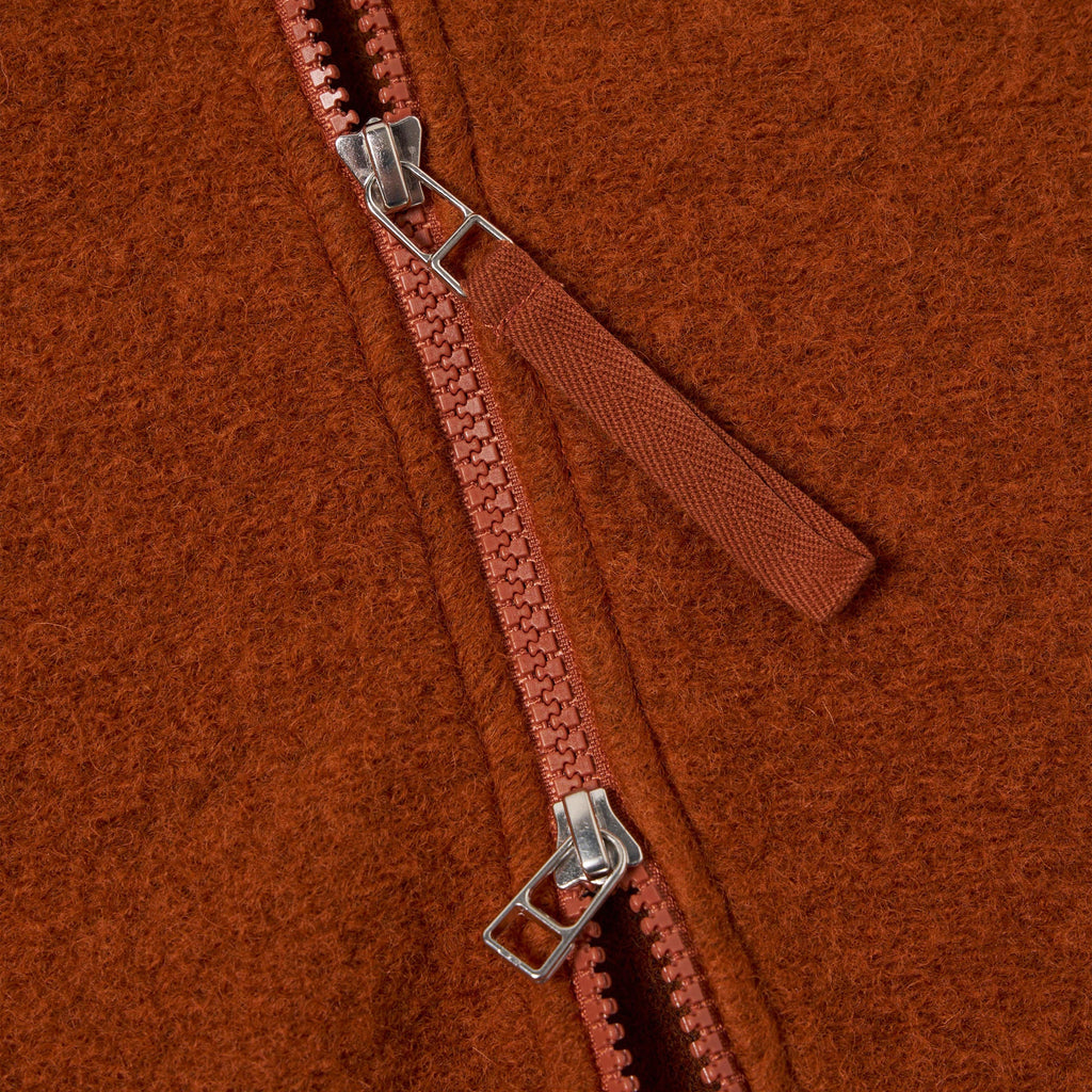 Universal Works Zip Waistcoat - Rust - Front Close Up