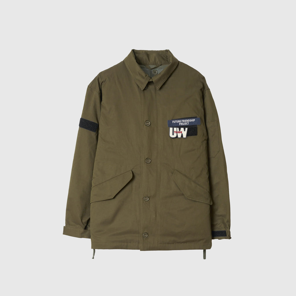 Universal Works x Taion Down CR RAF Jacket - Olive - Front With Badge Attached At Left Chest
