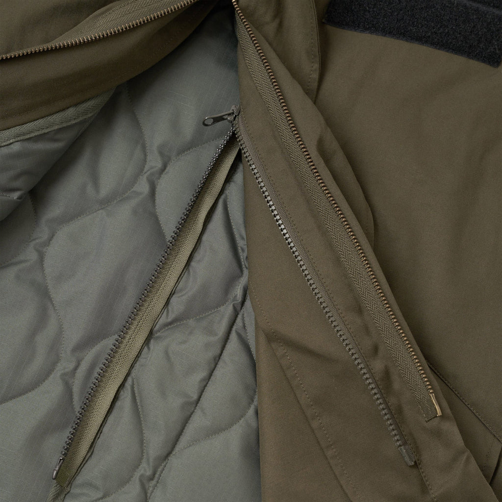 Universal Works x Taion Down CR RAF Jacket - Olive - Close Up Inner With Liner Attached