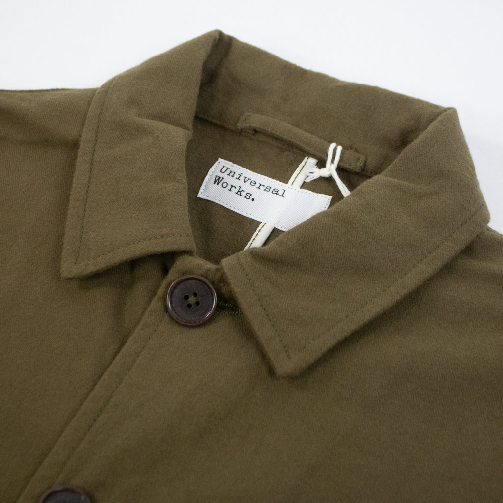 Universal Works Bakers Chore Jacket - Olive - Front Close Up