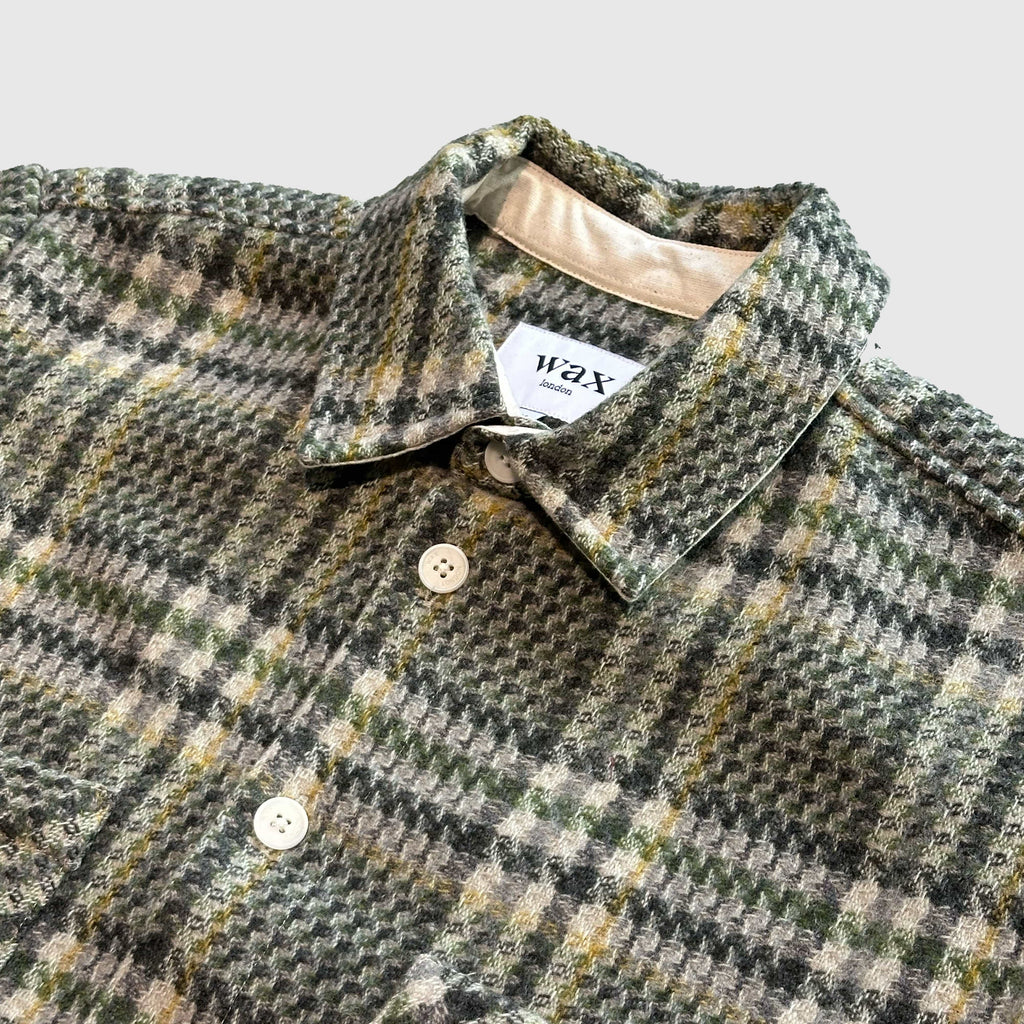 Wax Whiting Overshirt - Wool Blend Check / Green - Front Close Up