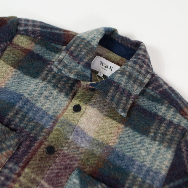 Wax Romer Overshirt Wool Blend - Check Blue / Multi - Front Close Up