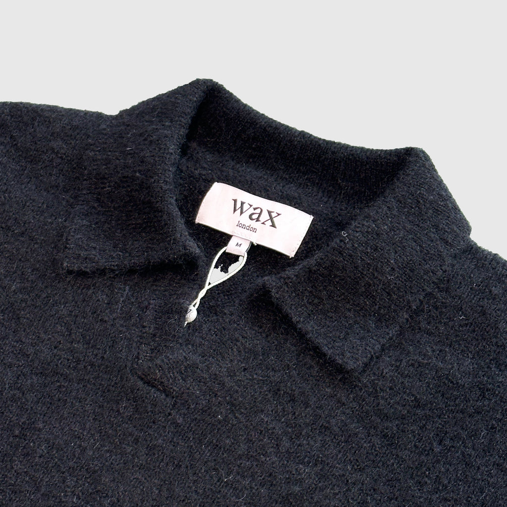Wax Carter Open Collar Polo - Fluffy Wool Blend Black - Front Close Up