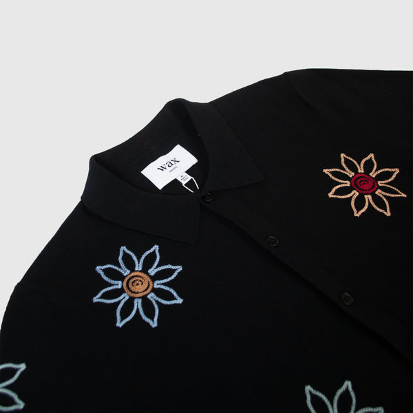 Wax Tellaro SS Shirt - Floral Embroidery Black / Multi - Front Close Up